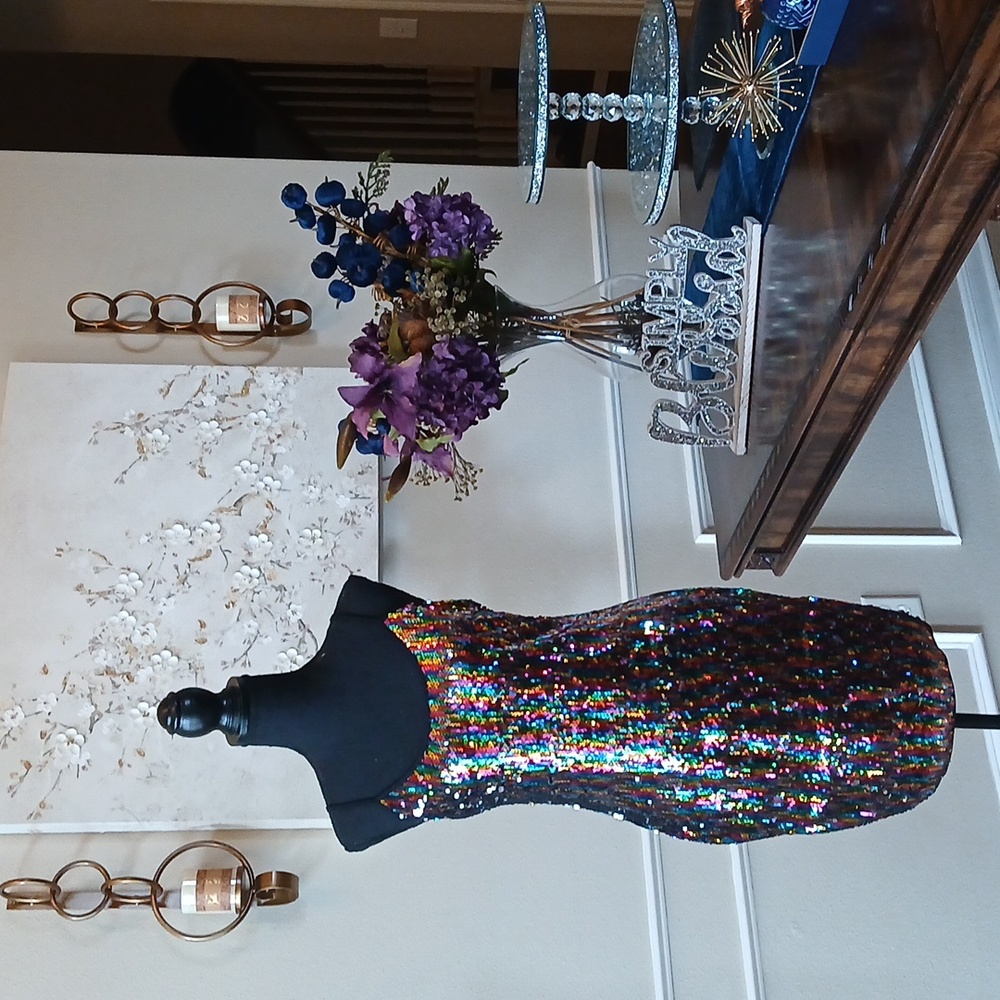Super Sexy Multicolor Sequined Bodycon Mini Dress. Size L - Picture 12 of 17